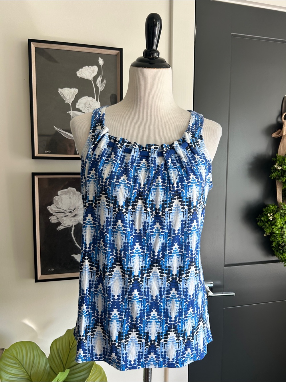 Lovely M white Blue Patterned sleeveless top with Shirred Neckline